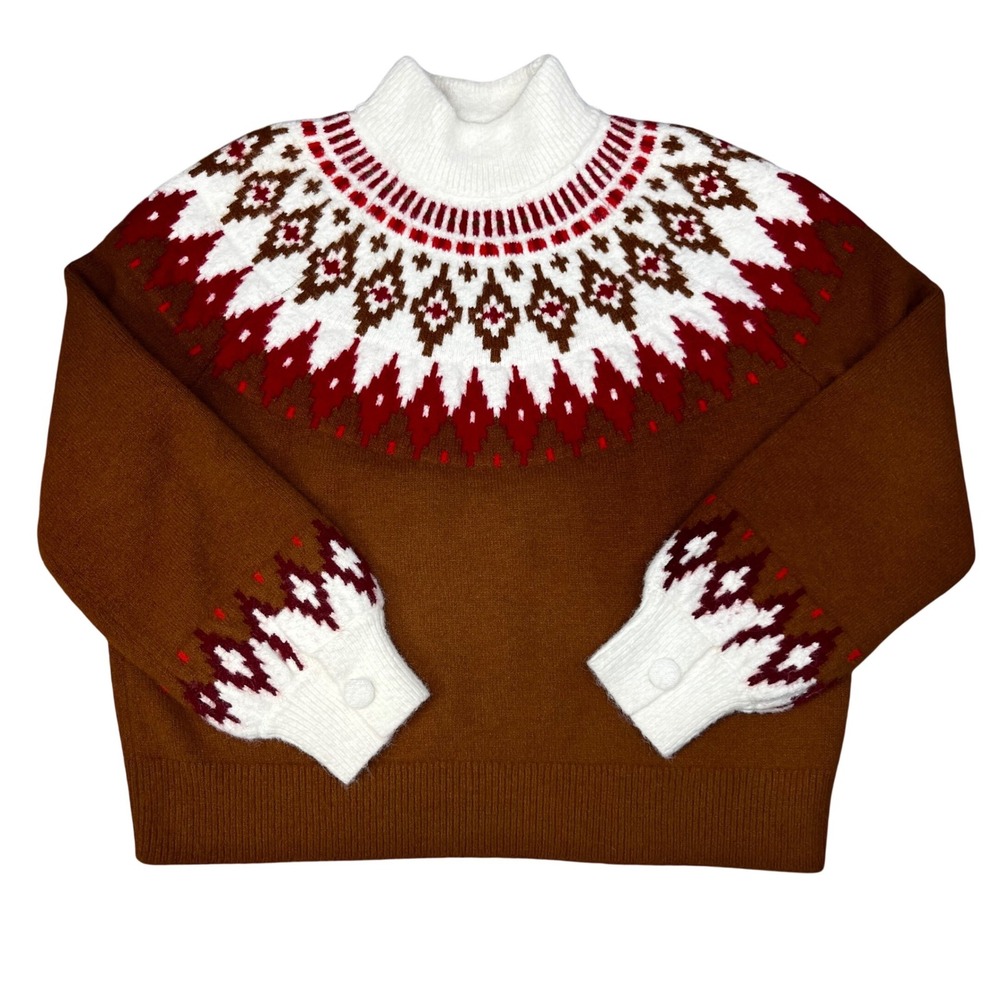 Lands‎ End Womens Brown Fair Isle Mock Neck Sweater Medium 10-12 Knit Pullover